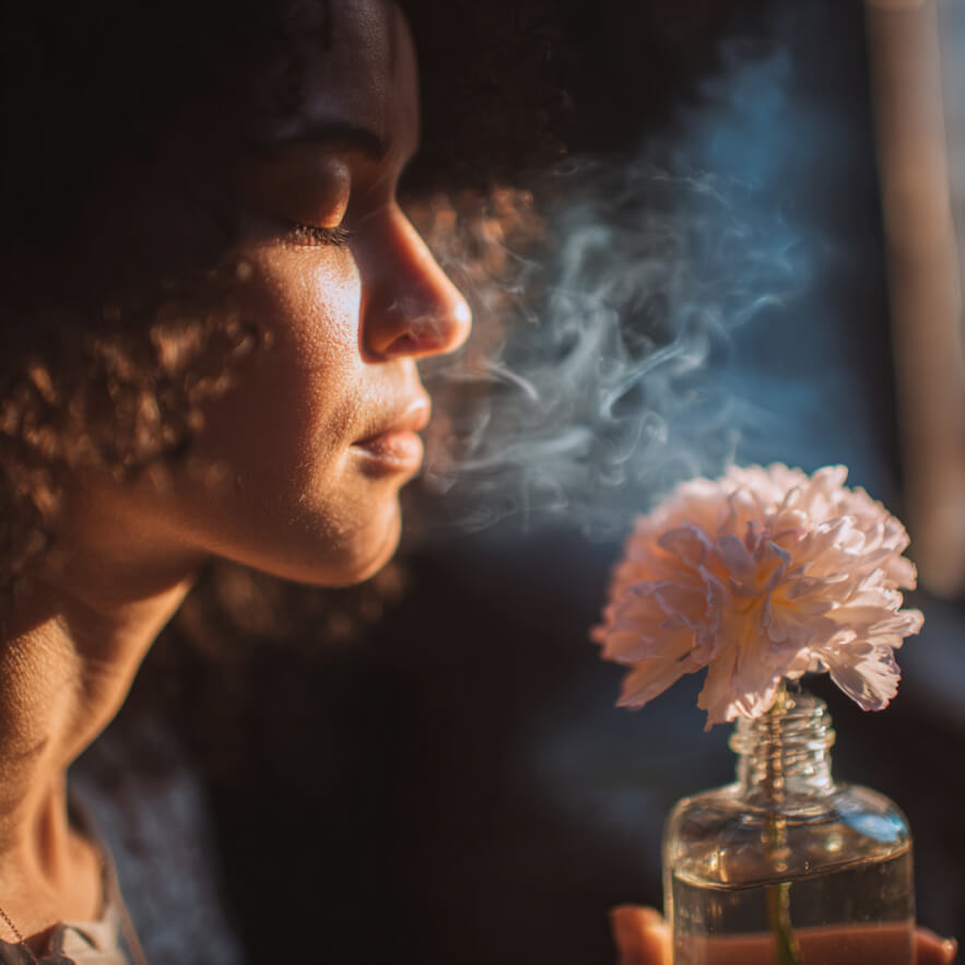 A young woman gently inhales the scent of fresh sage leaves with closed eyes, illustrating the deep emotional connection between aroma and memory.